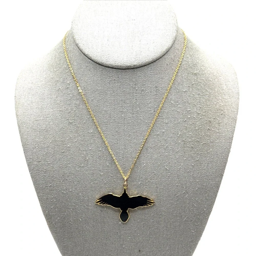 Vintage 1990 Wm Spear Design Black Bird Pendant Necklace Cloisonne Enamel 16